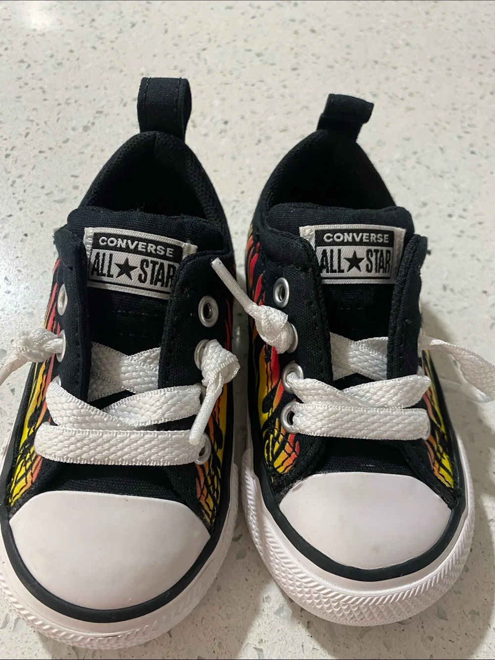 Converse Kids Black Low Top Sneakers with Red and Yellow Flame Design
